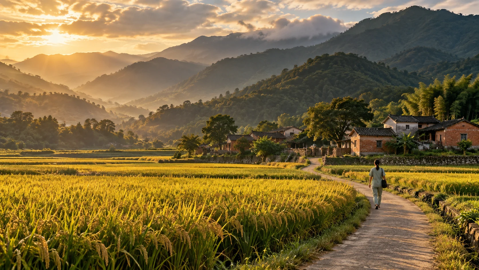 臺灣田野與遠山的溫暖光景，AI 生成情境示意